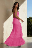 Pink Sheath Spaghetti Straps Sequins Pleated Long Prom Dresses With Ruffles