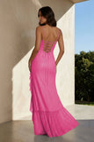 Pink Sheath Spaghetti Straps Sequins Pleated Long Prom Dresses With Ruffles
