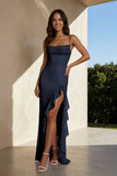 Pink Sheath Spaghetti Straps Sequins Pleated Long Prom Dresses With Ruffles