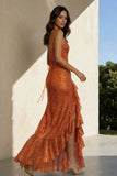 Pink Sheath Spaghetti Straps Sequins Pleated Long Prom Dresses With Ruffles