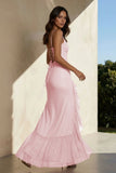 Pink Sheath Spaghetti Straps Sequins Pleated Long Prom Dresses With Ruffles