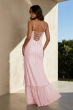 Pink Sheath Spaghetti Straps Sequins Pleated Long Prom Dresses With Ruffles