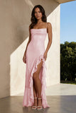 Pink Sheath Spaghetti Straps Sequins Pleated Long Prom Dresses With Ruffles