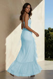 Pink Sheath Spaghetti Straps Sequins Pleated Long Prom Dresses With Ruffles