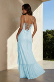 Pink Sheath Spaghetti Straps Sequins Pleated Long Prom Dresses With Ruffles