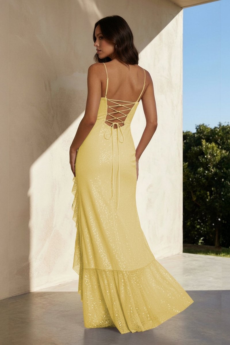 Pink Sheath Spaghetti Straps Sequins Pleated Long Prom Dresses With Ruffles