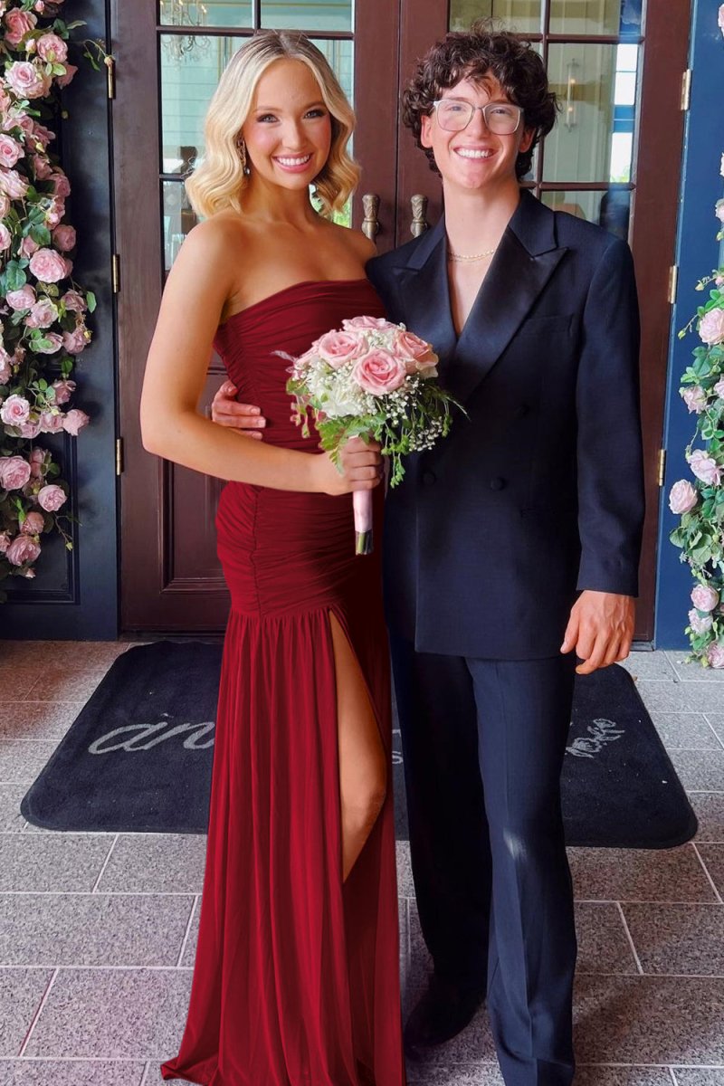 Hot Pink Sheath Strapless Pleated Chiffon Long Prom Dresses