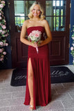 Hot Pink Sheath Strapless Pleated Chiffon Long Prom Dresses