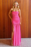 Hot Pink Sheath Strapless Pleated Chiffon Long Prom Dresses