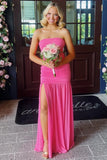 Hot Pink Sheath Strapless Pleated Chiffon Long Prom Dresses