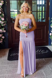 Hot Pink Sheath Strapless Pleated Chiffon Long Prom Dresses
