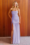 Hot Pink Sheath Strapless Pleated Chiffon Long Prom Dresses