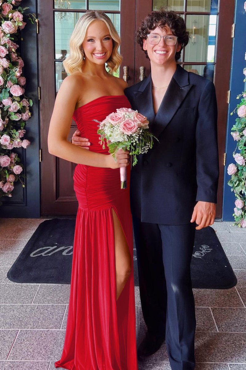 Hot Pink Sheath Strapless Pleated Chiffon Long Prom Dresses