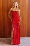Hot Pink Sheath Strapless Pleated Chiffon Long Prom Dresses