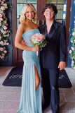 Hot Pink Sheath Strapless Pleated Chiffon Long Prom Dresses