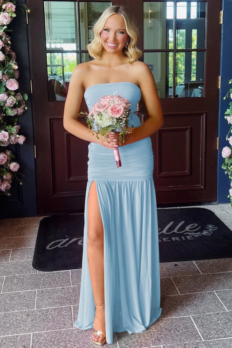 Hot Pink Sheath Strapless Pleated Chiffon Long Prom Dresses