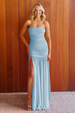 Hot Pink Sheath Strapless Pleated Chiffon Long Prom Dresses