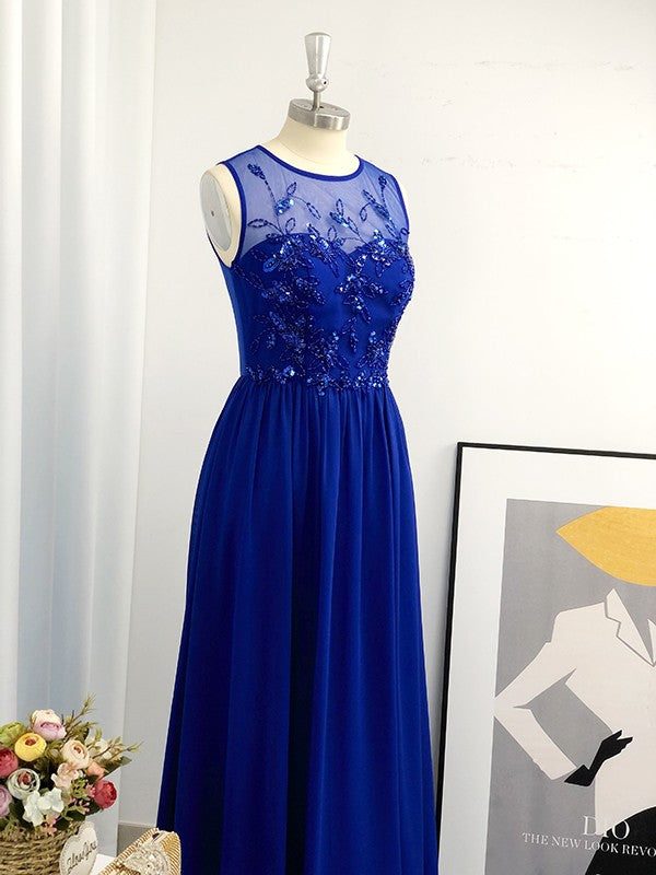 Vestido de noche de graduación de corte A/princesa, de gasa, con lentejuelas, escote redondo, sin mangas y largo hasta el suelo