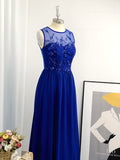 Vestido de noche de graduación de corte A/princesa, de gasa, con lentejuelas, escote redondo, sin mangas y largo hasta el suelo