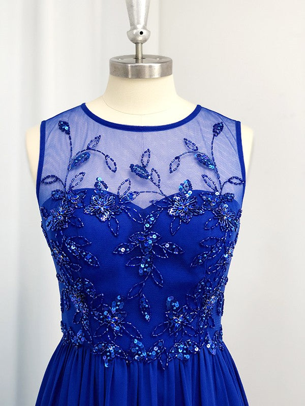 Vestido de noche de graduación de corte A/princesa, de gasa, con lentejuelas, escote redondo, sin mangas y largo hasta el suelo