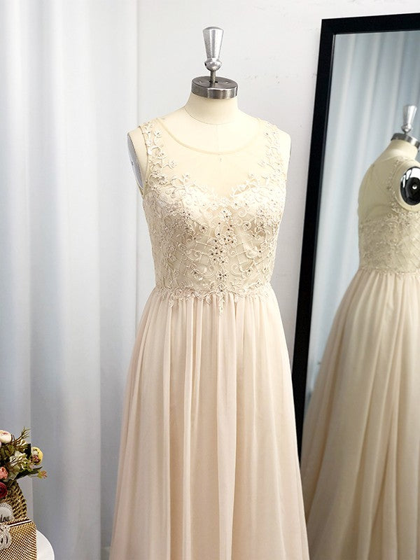 Vestido de noche de graduación de gasa sin mangas con apliques redondos y corte A/princesa hasta el suelo