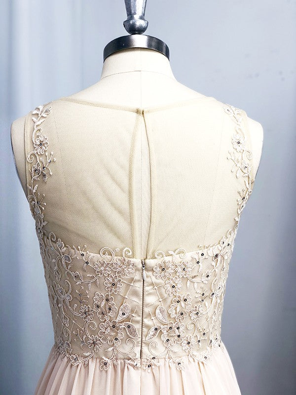 Vestido de noche de graduación de gasa sin mangas con apliques redondos y corte A/princesa hasta el suelo