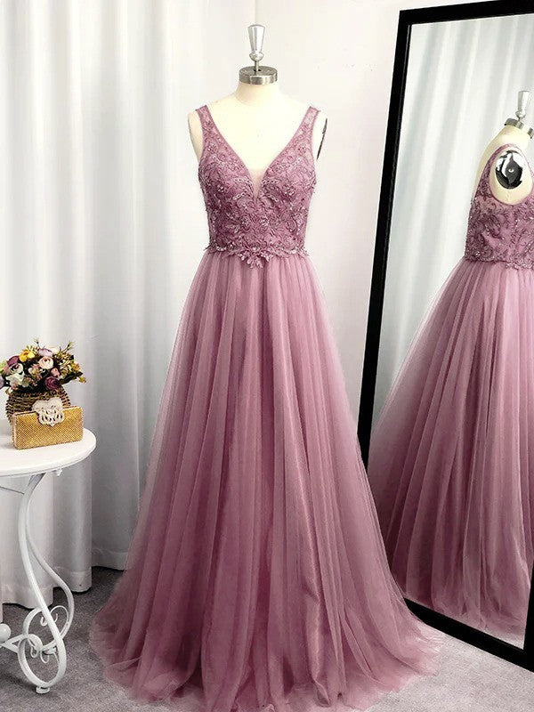 A-Linie/Princess-Linie Ärmellos Tüll Bodenlang Applikationen V-Ausschnitt Kleider Ballkleid Abendkleid