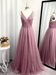 A-Linie/Princess-Linie Ärmellos Tüll Bodenlang Applikationen V-Ausschnitt Kleider Ballkleid Abendkleid