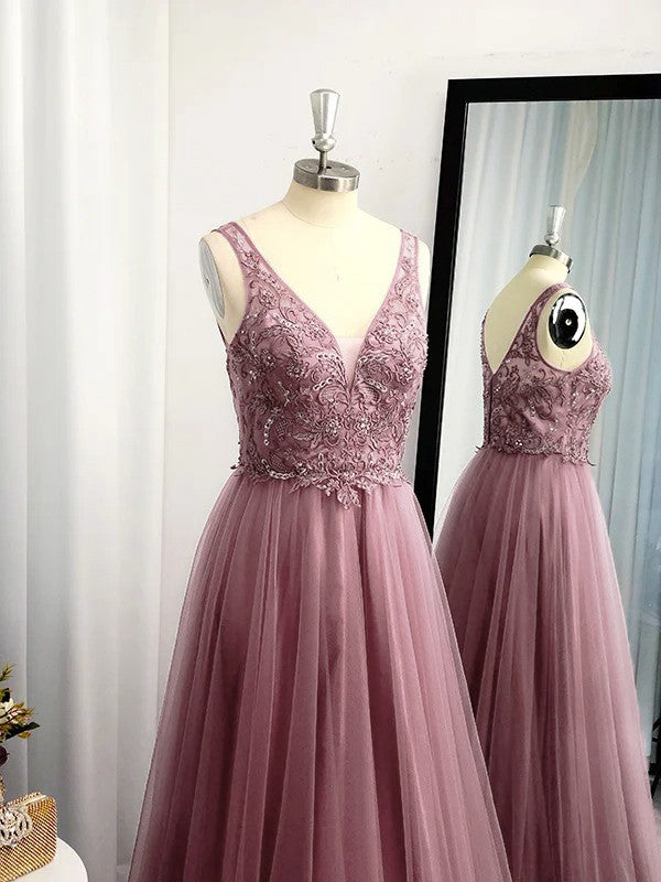 A-Linie/Princess-Linie Ärmellos Tüll Bodenlang Applikationen V-Ausschnitt Kleider Ballkleid Abendkleid