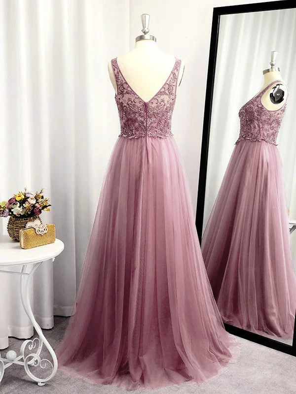 A-Linie/Princess-Linie Ärmellos Tüll Bodenlang Applikationen V-Ausschnitt Kleider Ballkleid Abendkleid