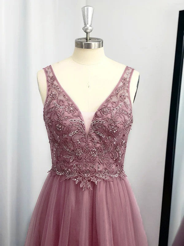 A-Linie/Princess-Linie Ärmellos Tüll Bodenlang Applikationen V-Ausschnitt Kleider Ballkleid Abendkleid