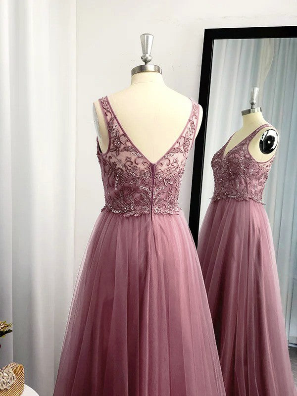 A-Linie/Princess-Linie Ärmellos Tüll Bodenlang Applikationen V-Ausschnitt Kleider Ballkleid Abendkleid