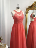 Vestido de noche de graduación con corte A/princesa, de gasa, con apliques, escote redondo y sin mangas hasta el suelo