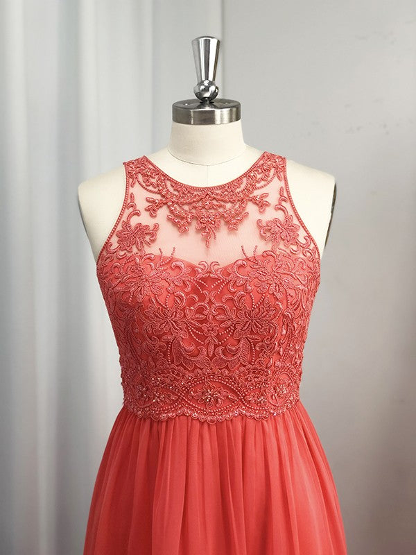 Vestido de noche de graduación con corte A/princesa, de gasa, con apliques, escote redondo y sin mangas hasta el suelo