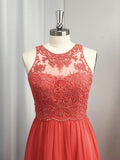 Vestido de noche de graduación con corte A/princesa, de gasa, con apliques, escote redondo y sin mangas hasta el suelo