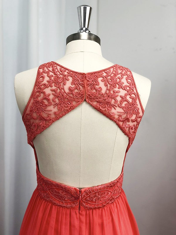 Vestido de noche de graduación con corte A/princesa, de gasa, con apliques, escote redondo y sin mangas hasta el suelo