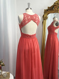 Vestido de noche de graduación con corte A/princesa, de gasa, con apliques, escote redondo y sin mangas hasta el suelo
