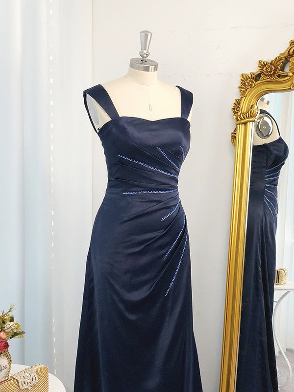 Vestido de noche de graduación con tirantes tipo A/princesa, sin mangas, de satén tipo seda, fruncido y largo hasta el suelo