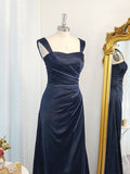 Vestido de noche de graduación con tirantes tipo A/princesa, sin mangas, de satén tipo seda, fruncido y largo hasta el suelo