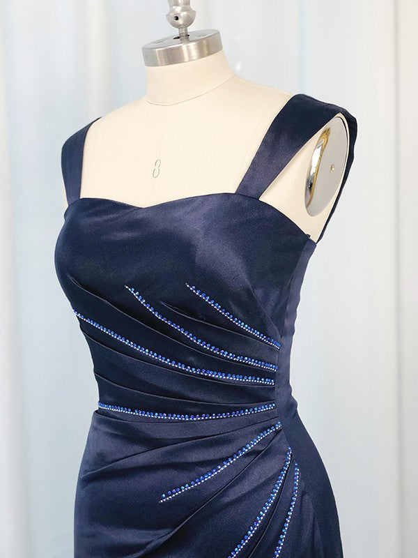 Vestido de noche de graduación con tirantes tipo A/princesa, sin mangas, de satén tipo seda, fruncido y largo hasta el suelo