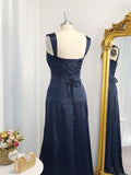 Vestido de noche de graduación con tirantes tipo A/princesa, sin mangas, de satén tipo seda, fruncido y largo hasta el suelo