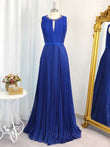 Vestido de noche de graduación de corte A/princesa, de gasa, sin mangas, largo hasta el suelo, con volantes y joya