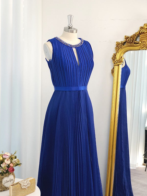 Vestido de noche de graduación de corte A/princesa, de gasa, sin mangas, largo hasta el suelo, con volantes y joya