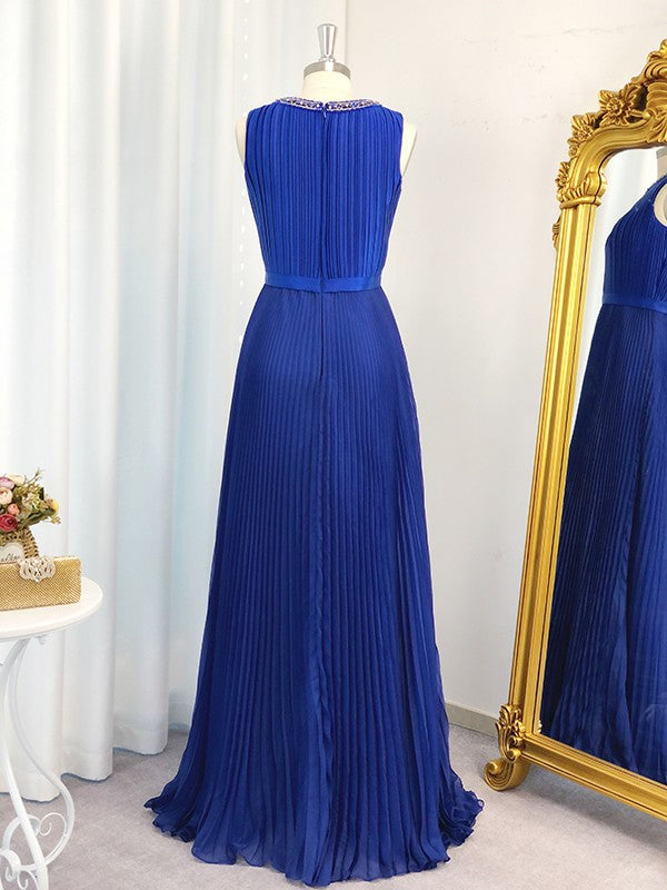 Vestido de noche de graduación de corte A/princesa, de gasa, sin mangas, largo hasta el suelo, con volantes y joya