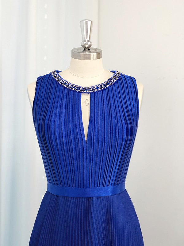 Vestido de noche de graduación de corte A/princesa, de gasa, sin mangas, largo hasta el suelo, con volantes y joya