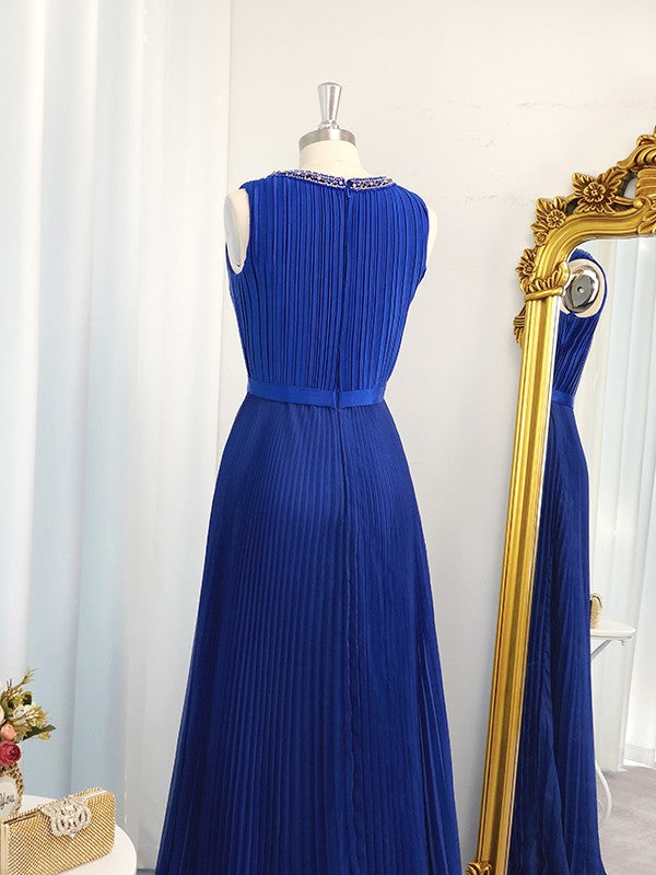 Vestido de noche de graduación de corte A/princesa, de gasa, sin mangas, largo hasta el suelo, con volantes y joya
