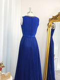 Vestido de noche de graduación de corte A/princesa, de gasa, sin mangas, largo hasta el suelo, con volantes y joya