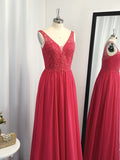 Vestido de noche de graduación de corte A/princesa, sin mangas, de gasa, con apliques y escote en V