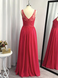 Vestido de noche de graduación de corte A/princesa, sin mangas, de gasa, con apliques y escote en V