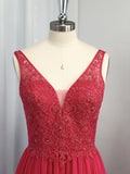 Vestido de noche de graduación de corte A/princesa, sin mangas, de gasa, con apliques y escote en V